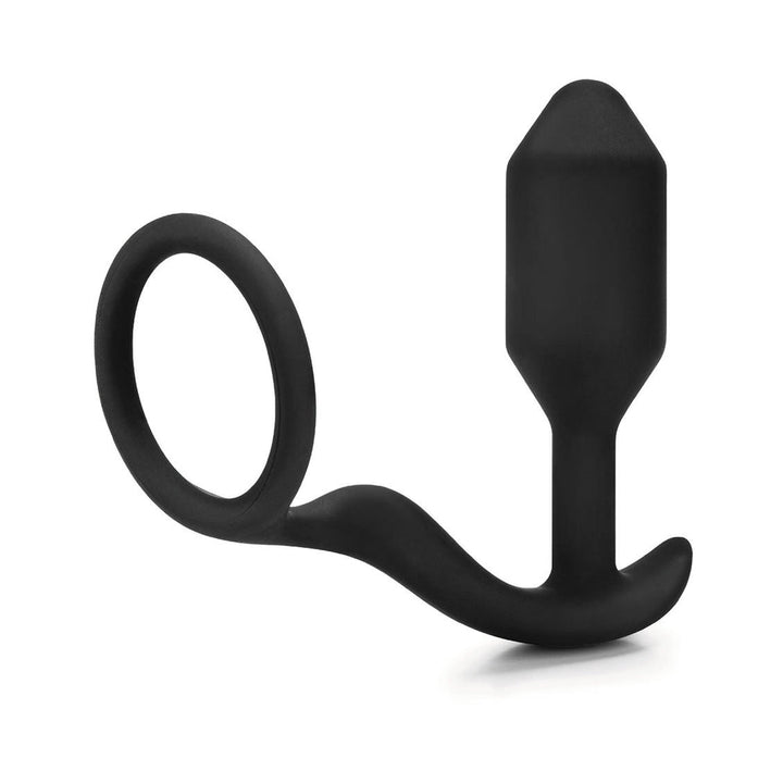 Black silicone weighted anal plug with attached penis ring for dual stimulation and enhanced pleasure.