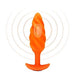 Medium-sized orange swirl textured silicone plug with tapered tip and vibration feature icon background
