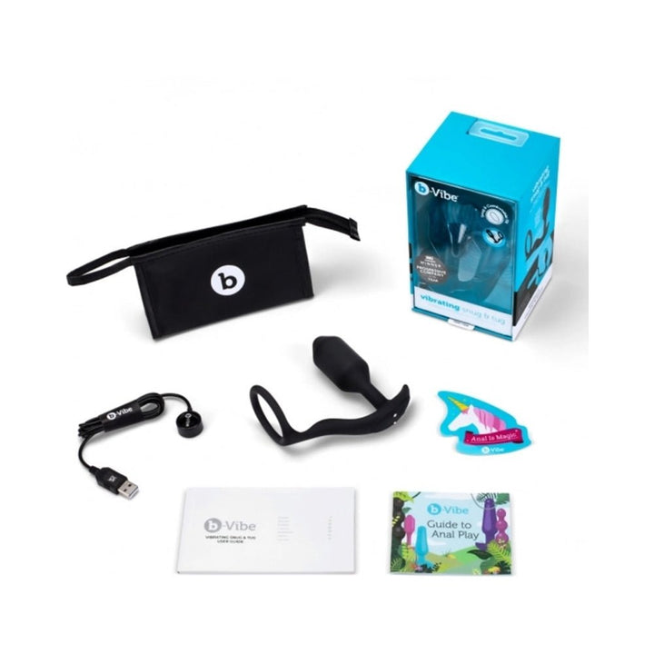 b-Vibe Vibrating Snug & Tug Medium in black with USB charger, storage pouch, user guides, and packaging box on white background.