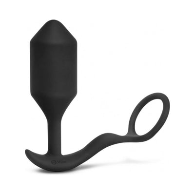 Black silicone vibrating hybrid plug with attached penis ring and curved base for ergonomic fit.