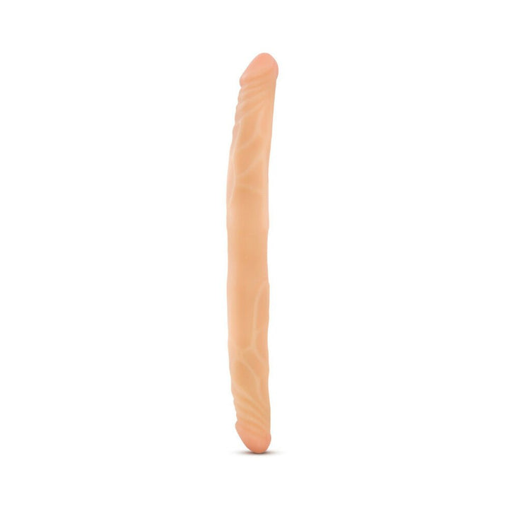Pink double-ended dildo with realistic texture and shape, designed for shared intimate use.