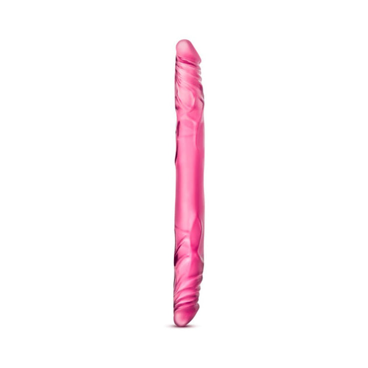 Pink double-ended dildo with realistic texture and flexible design, 14 inches long for shared pleasure.