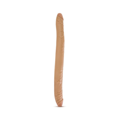 Double-ended flexible dildo in natural skin tone with realistic texture and pronounced heads on both ends.