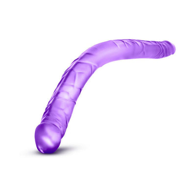 Purple flexible double-ended dildo with textured surface and realistic design on white background.