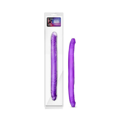 Purple flexible double-ended dildo with realistic texture shown in and out of clear retail packaging.
