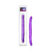Purple flexible double-ended dildo with realistic texture shown in and out of clear retail packaging.