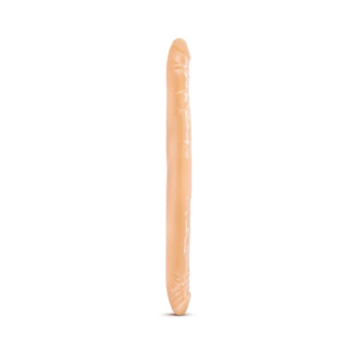 Double-ended realistic dildo in beige with textured details, designed for shared intimate pleasure.