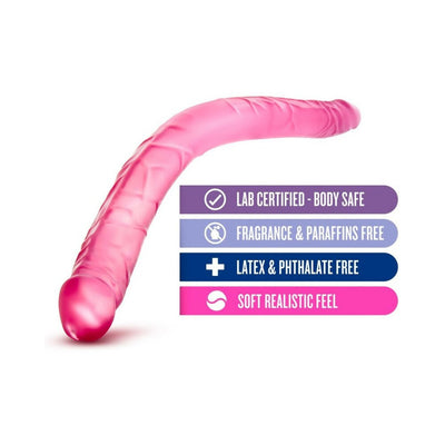 Purple double-ended dildo with realistic texture and flexible design, labeled body safe and free from latex, phthalates, and fragrance.