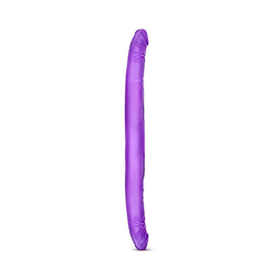 Purple double-ended dildo with realistic texture and flexible design, 16 inches long for shared pleasure.