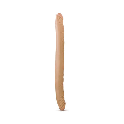 Double-ended realistic dildo in beige with detailed texture, designed for shared intimate use.