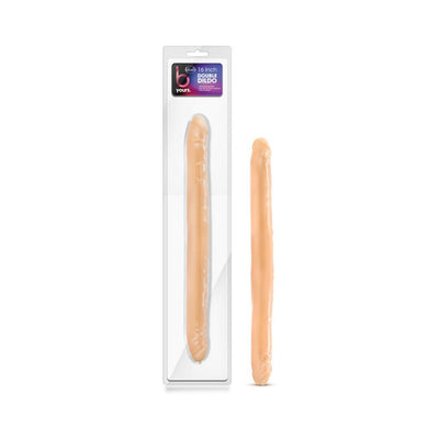 16-inch flexible double-ended dildo in a natural skin tone with realistic detailing, shown in and out of clear packaging.