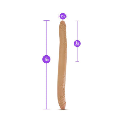 16-inch double-ended dildo in beige with detailed texture, showing 8-inch insertable length and 1.5-inch width measurements.