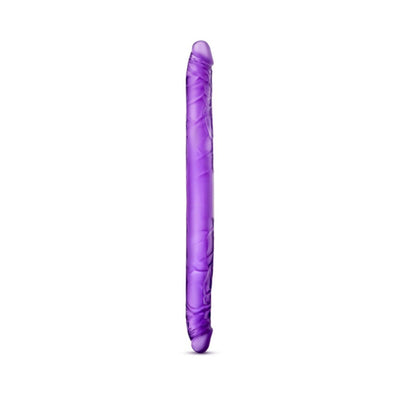 Purple double-ended dildo with realistic texture and flexible design, 16 inches long for shared intimate use.