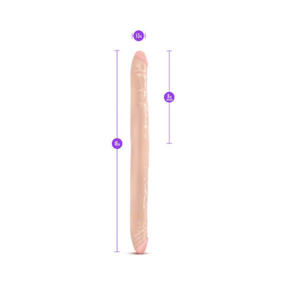 16-inch double-ended dildo in flesh tone with 8-inch insertable length on each side, shown with size measurements.