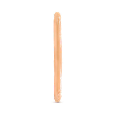 Double-ended beige dildo with realistic texture, designed for shared intimate use, shown upright on white background.