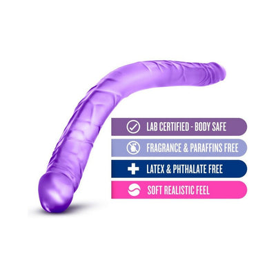 Purple double-ended dildo with realistic texture and flexible design, highlighting body-safe, fragrance-free, and latex-free features.