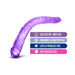 Purple double-ended dildo with realistic texture and flexible design, highlighting body-safe, fragrance-free, and latex-free features.