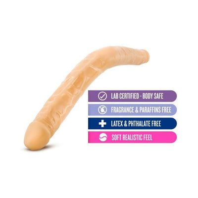 Realistic beige dildo with textured surface shown with labels highlighting body safe, fragrance free, latex free, and soft feel features.