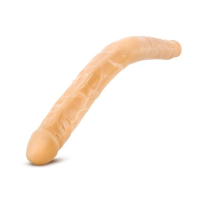 Realistic beige double-ended dildo with textured veins and curved design on white background