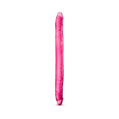 Purple double-ended dildo with realistic texture and pronounced heads on both ends, 16 inches long.