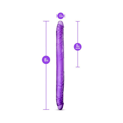 Purple double-ended dildo with textured design, measuring 16 inches total length and 1.5 inches in width.