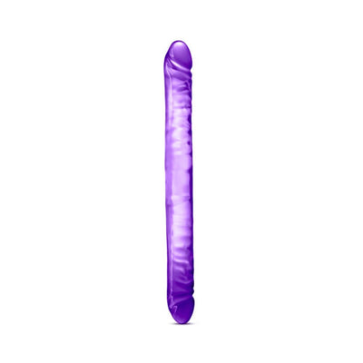 Double-ended flexible dildo in translucent purple with textured surface and rounded tips on both ends.
