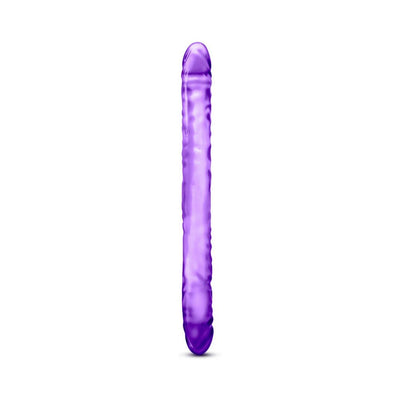Double-ended translucent purple dildo with textured surface and rounded tips on both ends.