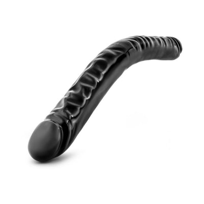 Black flexible double-ended dildo with textured surface, designed for shared intimate use.