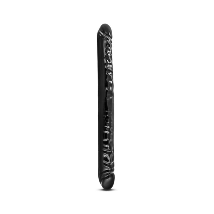 Black double-ended dildo with textured surface, designed for shared intimate use, standing upright on a white background.