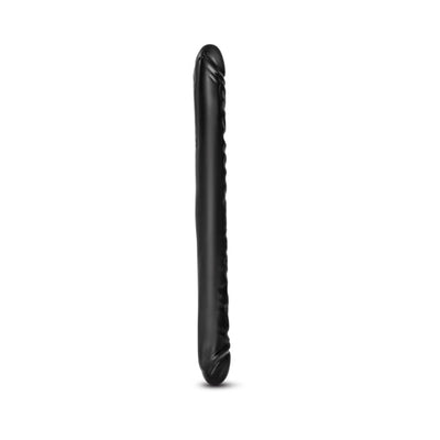 Black double-ended dildo with textured sides and rounded heads on both ends, standing upright on a white background.