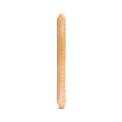 Beige double-ended dildo with textured surface and pronounced heads on both ends, 18 inches total length.