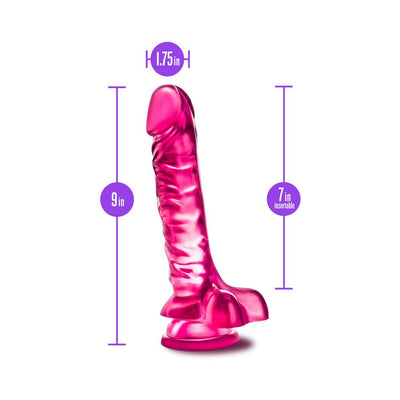 Purple translucent realistic dildo with suction base, 9 inches long and 1.75 inches wide, shown with size measurements.