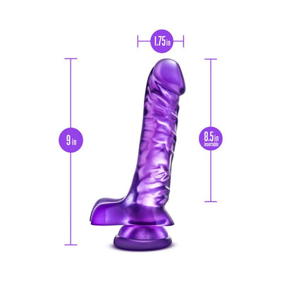 Purple realistic dildo with suction cup base, 9 inches long and 1.75 inches wide, showing detailed measurements.