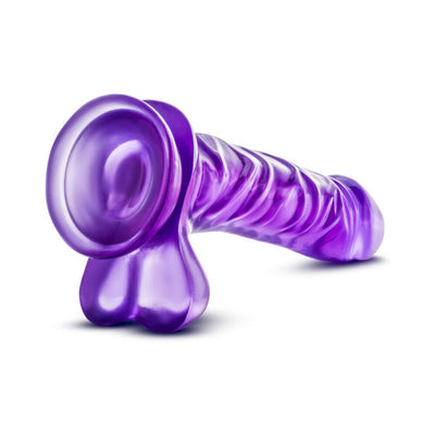 Purple translucent realistic dildo with suction cup base and textured shaft, 9.5 inches long.