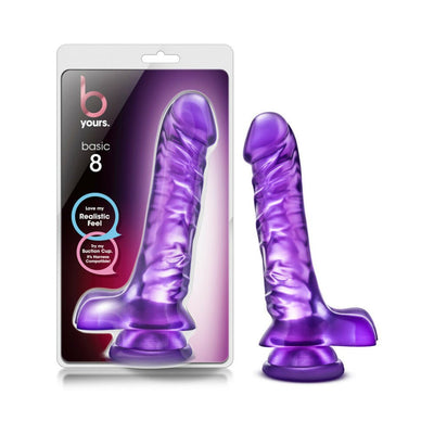 Purple realistic dildo with suction cup base displayed next to its packaging showing product details.