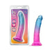 7-inch B Yours Beautiful Sky dildo in blue to pink gradient with suction cup base, shown in packaging and standalone.