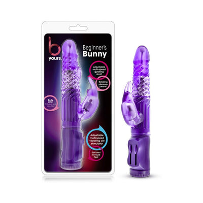 Purple B Yours Beginner's Bunny vibrator with rotating beads and clitoral stimulator shown in packaging and out of package.