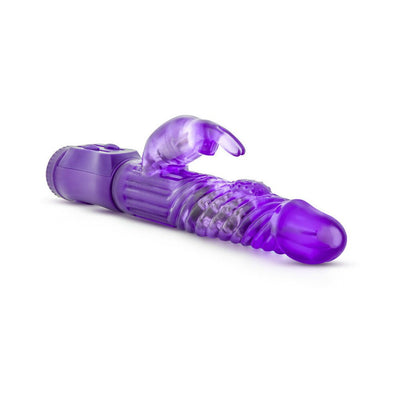 Purple B Yours Beginner's Bunny vibrator with rotating beads, gyrating shaft, and clitoral stimulator on white background.