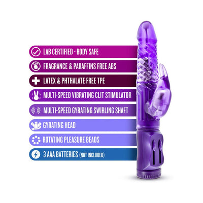 Purple B Yours Beginner's Bunny vibrator with multi-speed controls and rotating pleasure beads shown with key features list.