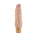 Beige realistic textured vibrator with multispeed waterproof twist dial base standing upright on white background.