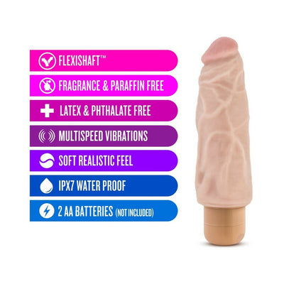 Beige realistic vibrator with textured shaft and waterproof multispeed vibration features listed alongside.