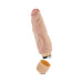 Beige realistic textured vibrator with removable battery compartment cap on white background.