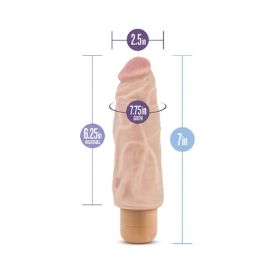 Beige realistic vibrator with detailed texture and size measurements labeled for length, insertable length, width, and girth.