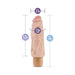 Beige realistic vibrator with detailed texture and size measurements labeled for length, insertable length, width, and girth.