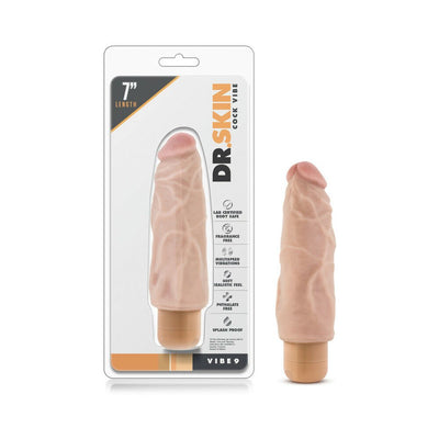Beige realistic textured vibrator with multispeed vibrations shown in and out of packaging.