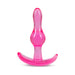Pink translucent curvy anal plug with ergonomic base designed for comfort and safety.