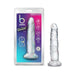 Clear 7-inch B Yours Diamond Crystal dildo with suction cup base shown in packaging and standalone.