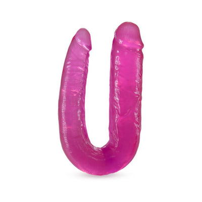 Pink double-headed flexible dildo with two different sized ends, made from smooth translucent material.