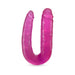 Pink double-headed flexible dildo with two different sized ends, made from smooth translucent material.