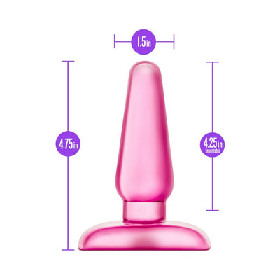 Medium-sized pink tapered anal plug with flared base, measuring 4.75 inches tall and 1.5 inches wide.